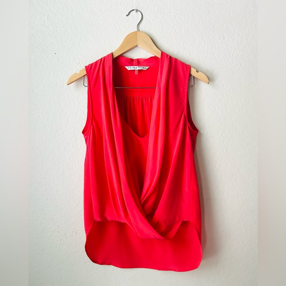 Trina Turk Faux Wrap 100% Silk Sleeveless Blouse Size Small Pink